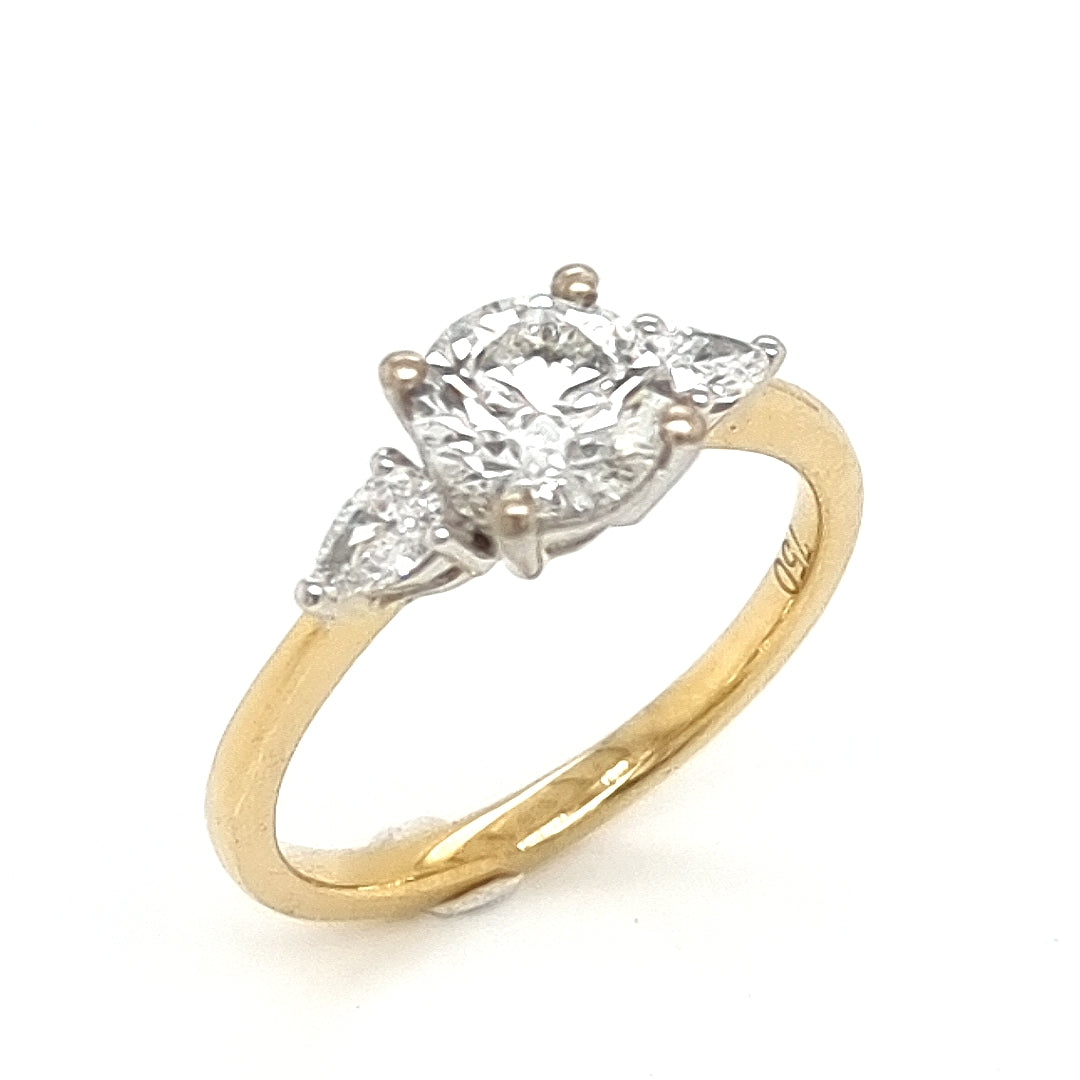 18ct y/g Engagement Ring 1.02ct Centre Lab Grown Diamond With 2 X Pear Shape Diamonds