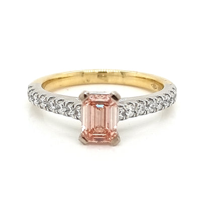 18ct y/w Gold Lab Grown Emerald Cut 0.75 Pink Diamond Ring