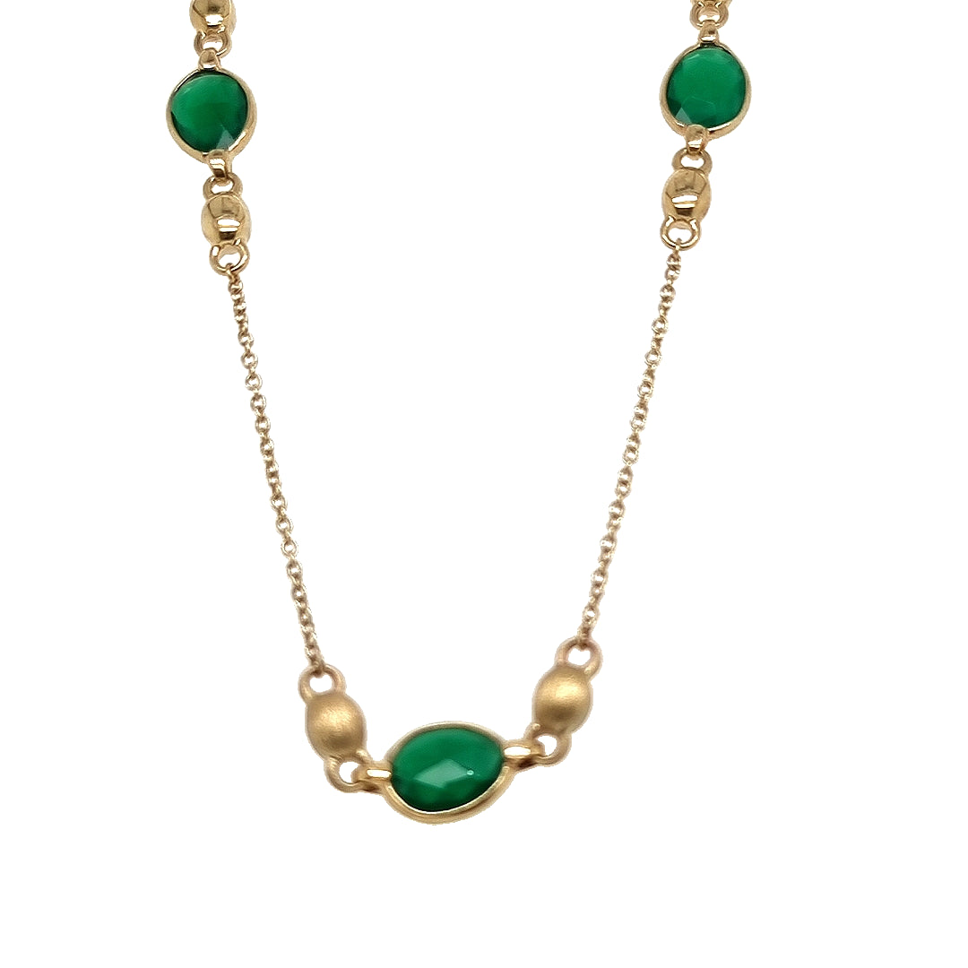 9ct Yellow Gold Green Agate Brushed Ball Necklace