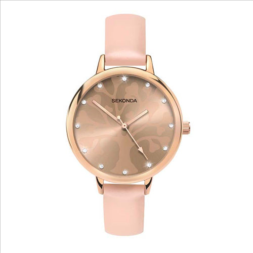 Ladies Tree Of Life Watch With Rose Gold Case + Nude Strap