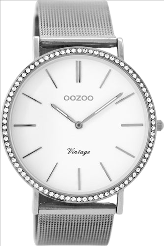 Oozoo Silver Ladies Watch Mesh Band + Stone Set Around Face